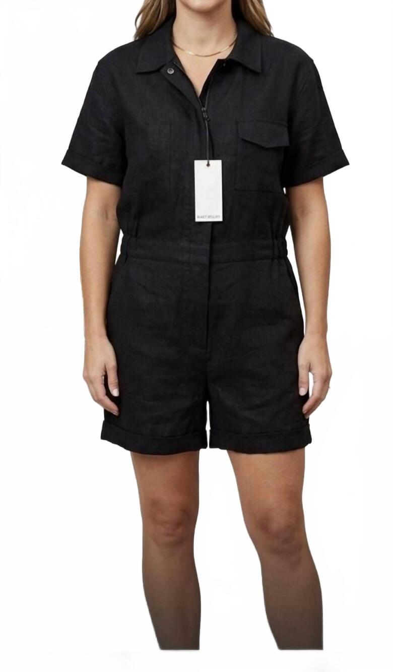 NEW RIVET UTILITY pre-loved the runaround zip front linen romper in black